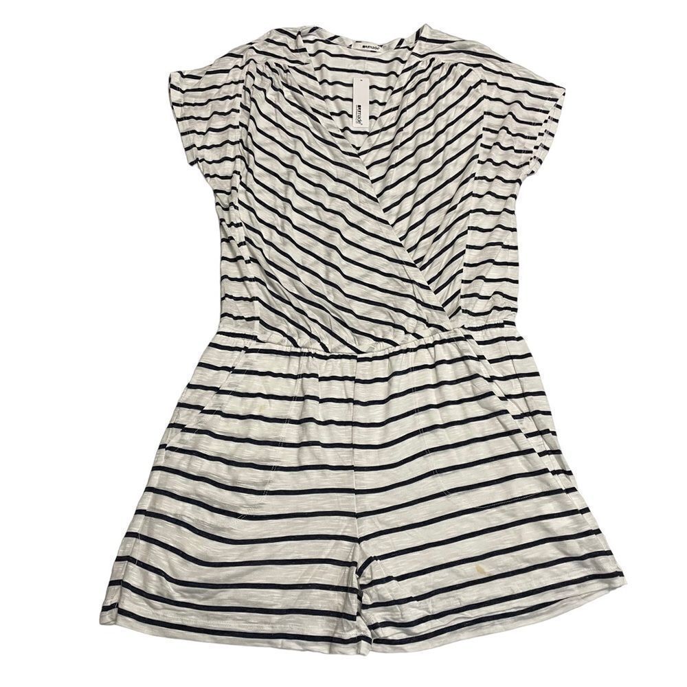 LAmade x Revolve Striped Blue White Surplice Neck Romper Shorts sz L NEW w/ Flaw